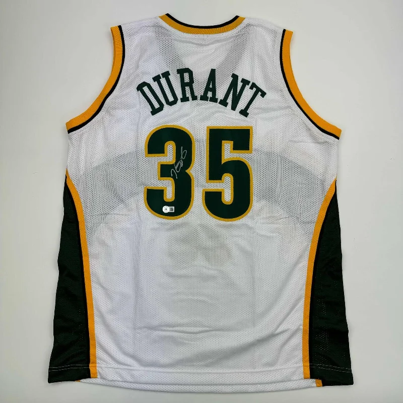 Autographed/Signed Kevin Durant Seattle White Basketball Jersey Beckett BAS COA