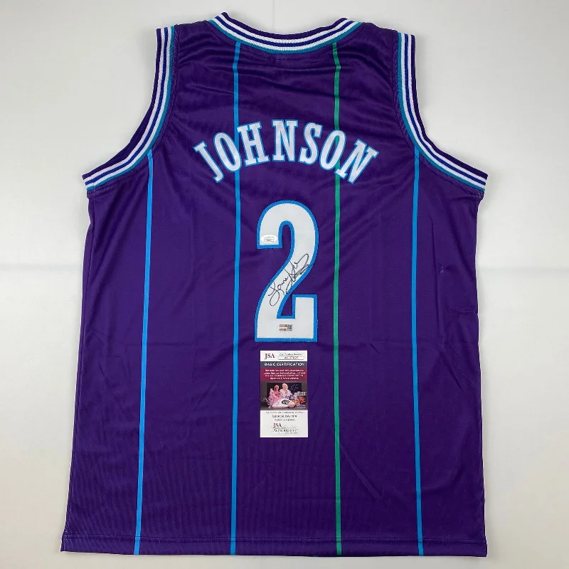 Autographed/Signed Larry Johnson Charlotte Purple Basketball Jersey JSA COA