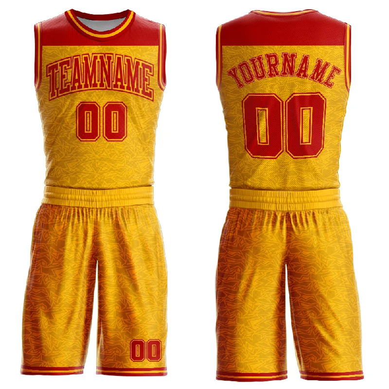 Custom Gold Red Color Block Round Neck Sublimation Basketball Suit Jersey