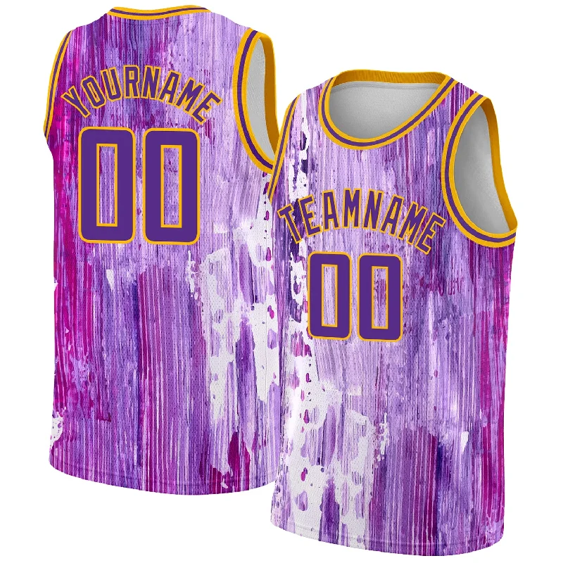 Custom Purple Gold 3D Pattern Design Abstract Liquid Watercolor Style Authentic Basketball Jersey