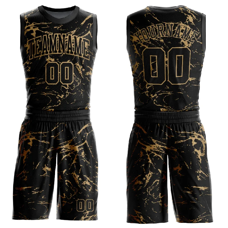 Custom Black Old Gold Abstract Grunge Art Round Neck Sublimation Basketball Suit Jersey