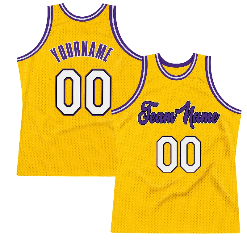 Custom Gold White-Purple Authentic Throwback Basketball Jersey