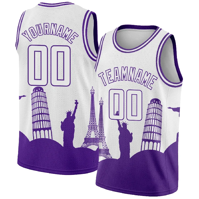 Custom White Purple Holiday Travel Monuments Silhouette Authentic City Edition Basketball Jersey