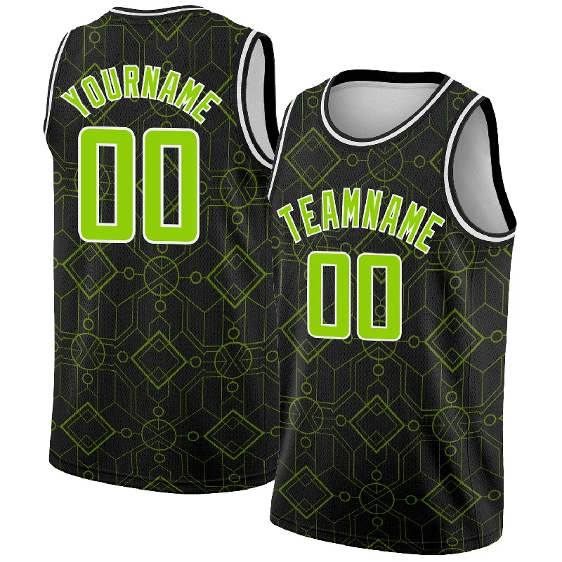 Custom Black Neon Green-White Geometric Shapes Authentic City Edition Basketball Jersey