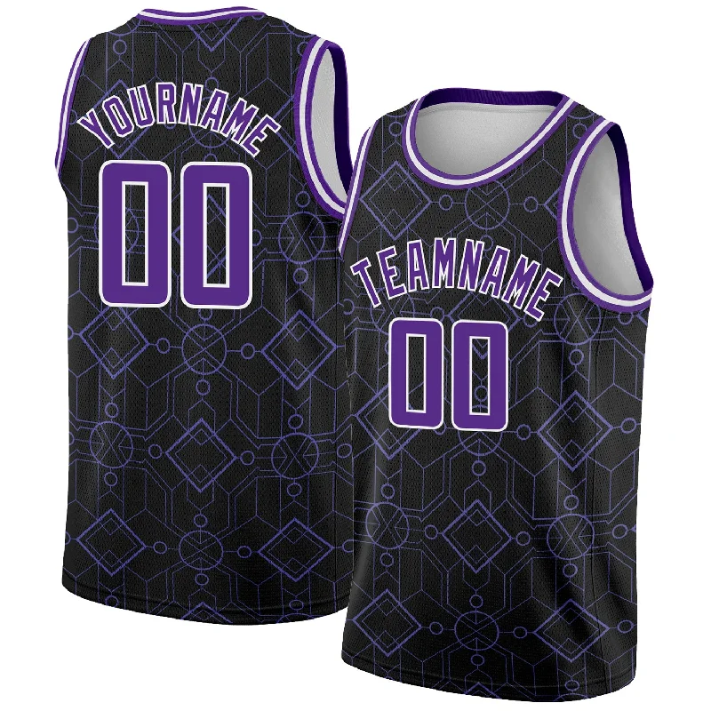 Custom Black Purple-White Geometric Shapes Authentic City Edition Basketball Jersey