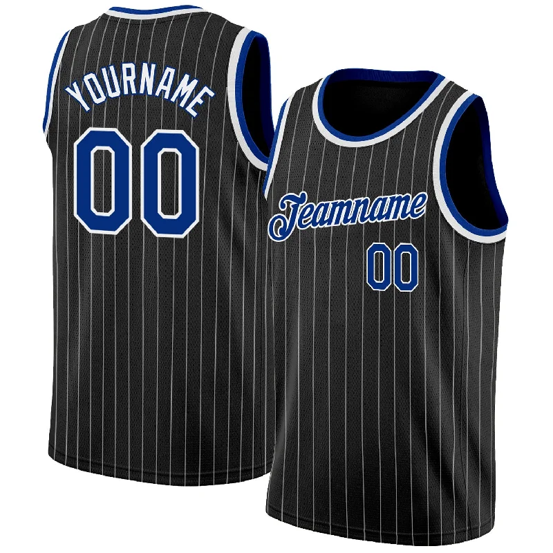 Custom Black White Pinstripe Royal-White Authentic Basketball Jersey