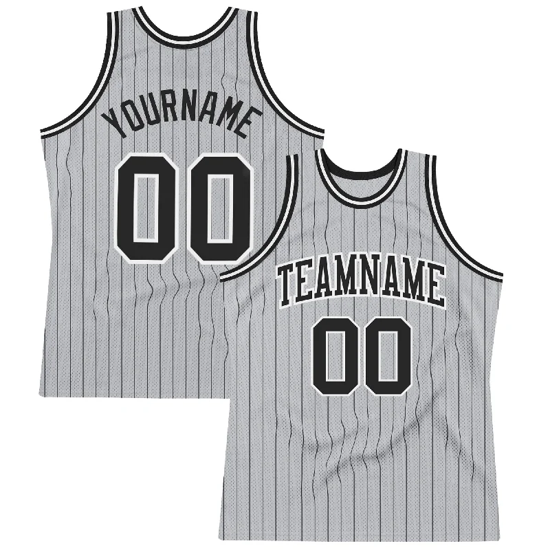 Custom Gray Black Pinstripe Black-White Authentic Basketball Jersey