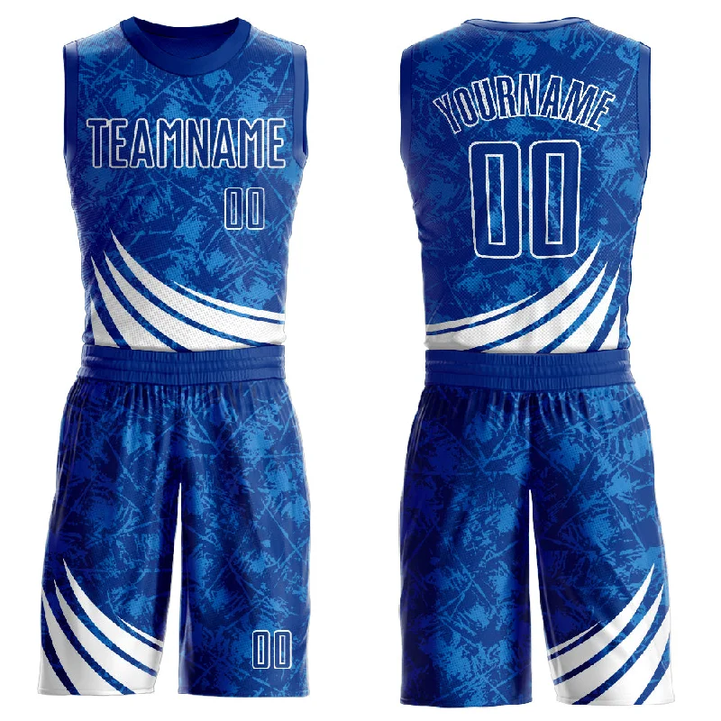 Custom Royal White Wind Shapes Round Neck Sublimation Basketball Suit Jersey