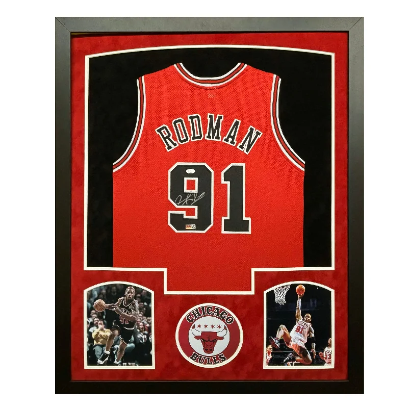 Dennis Rodman Signed Chicago Red Custom Suede Matte Framed Basketball Jersey (JSA)