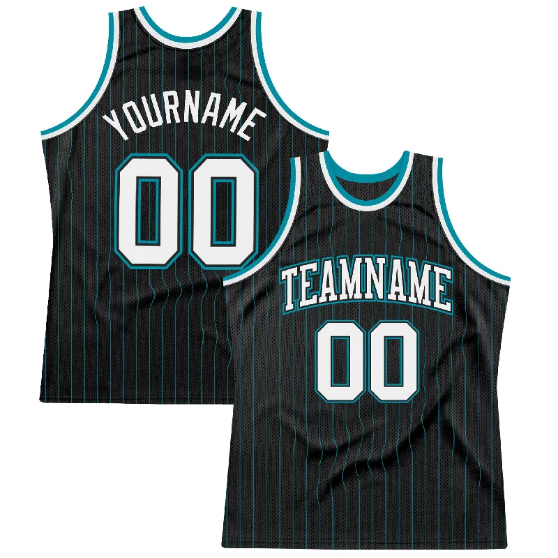 Custom Black Teal Pinstripe White Black-Teal Authentic Basketball Jersey