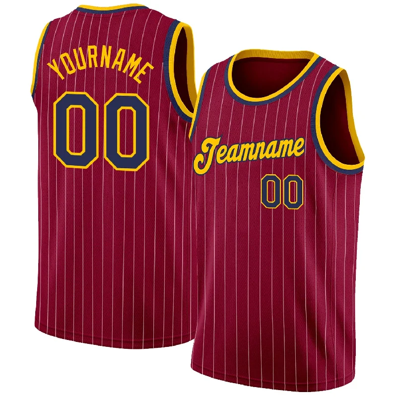 Custom Maroon White Pinstripe Navy-Gold Authentic Basketball Jersey