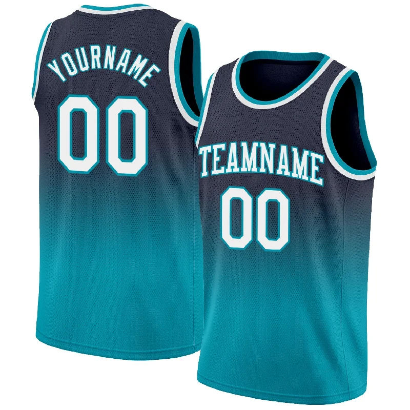 Custom Navy White-Teal Authentic Fade Fashion Basketball Jersey