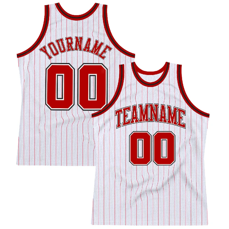 Custom White Red Pinstripe Red-Black Authentic Basketball Jersey