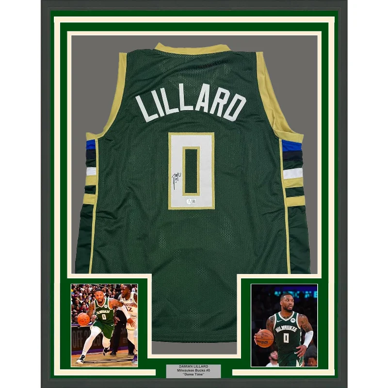 Framed Autographed/Signed Damian Lillard 35x39 Milwaukee Green Jersey BAS COA