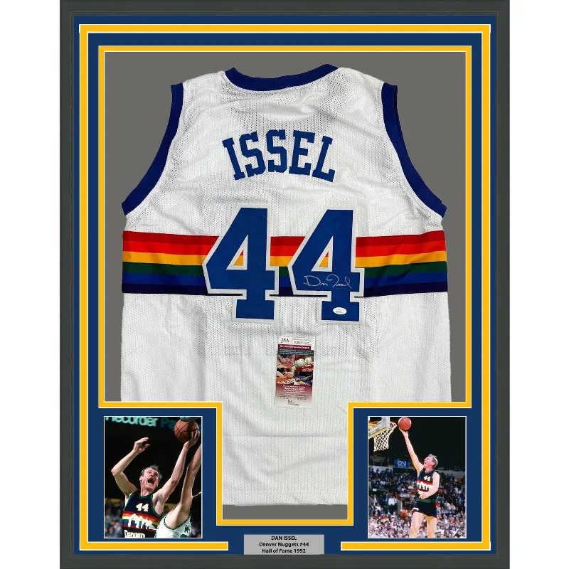 Framed Autographed/Signed Dan Issel 35x39 Denver White Rainbow Jersey JSA COA