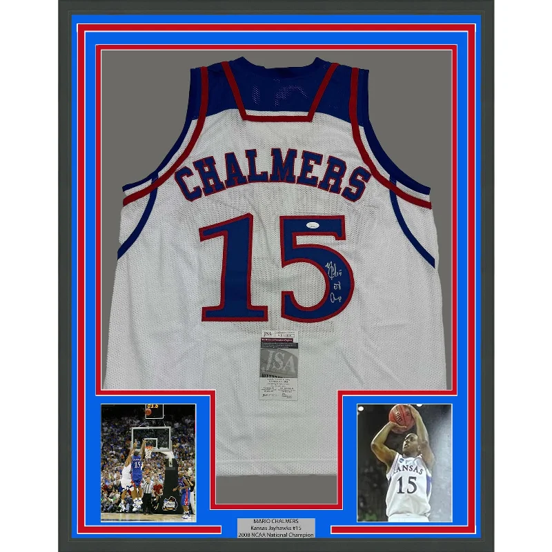 Framed Autographed/Signed Mario Chalmers 35x39 Kansas White Jersey JSA COA