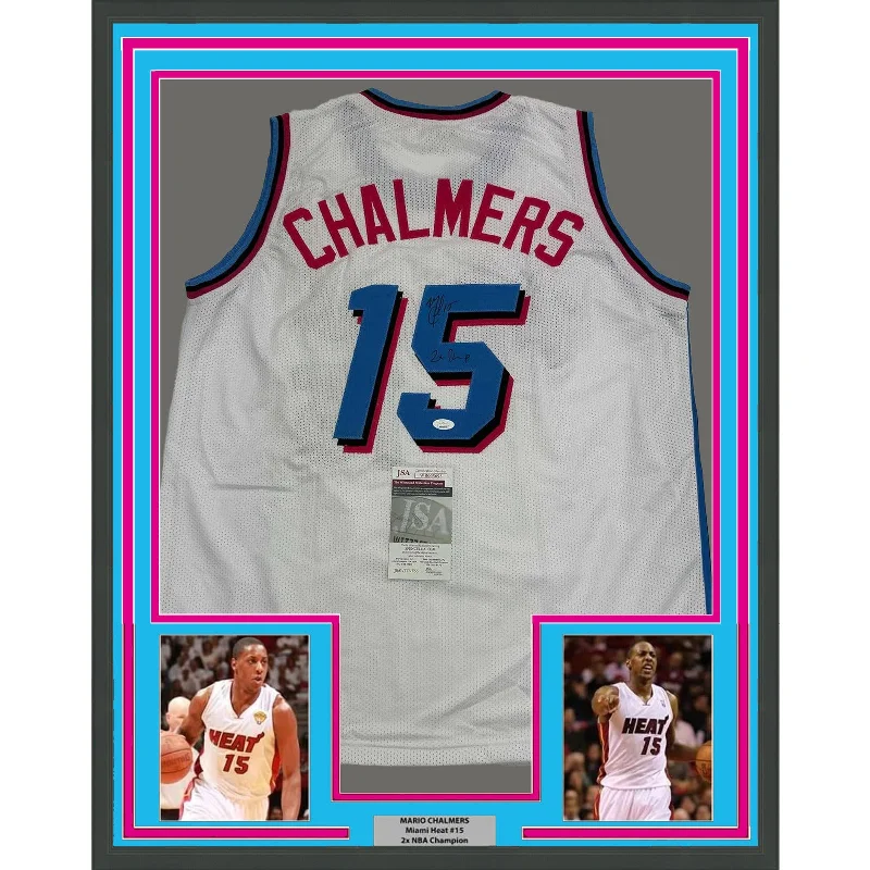 Framed Autographed/Signed Mario Chalmers 35x39 Miami Vice White Jersey JSA COA