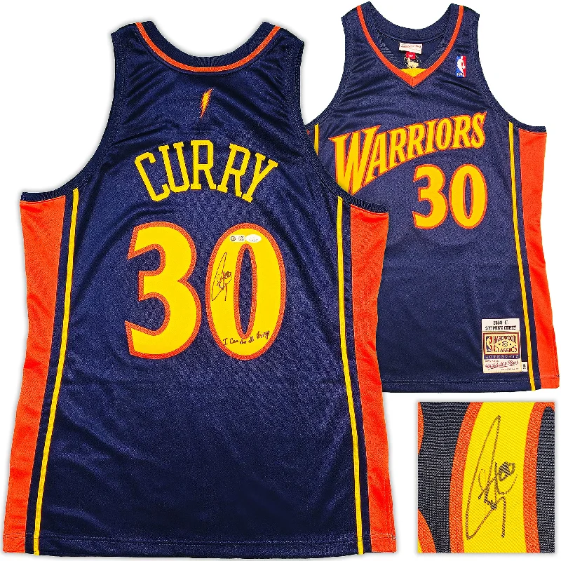 Golden State Warriors Stephen Curry Autographed Blue Authentic Mitchell & Ness Authentic 2009-10 HWC Swingman Jersey Size 44 "I Can Do All Things ..." JSA Stock #235508