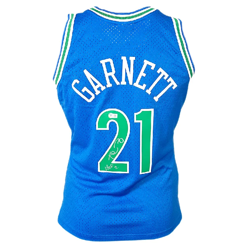 Kevin Garnett Signed HOF 20 Inscription Minnesota Timberwolves Blue Throwback Mitchell & Ness Basketball Jersey (Beckett)