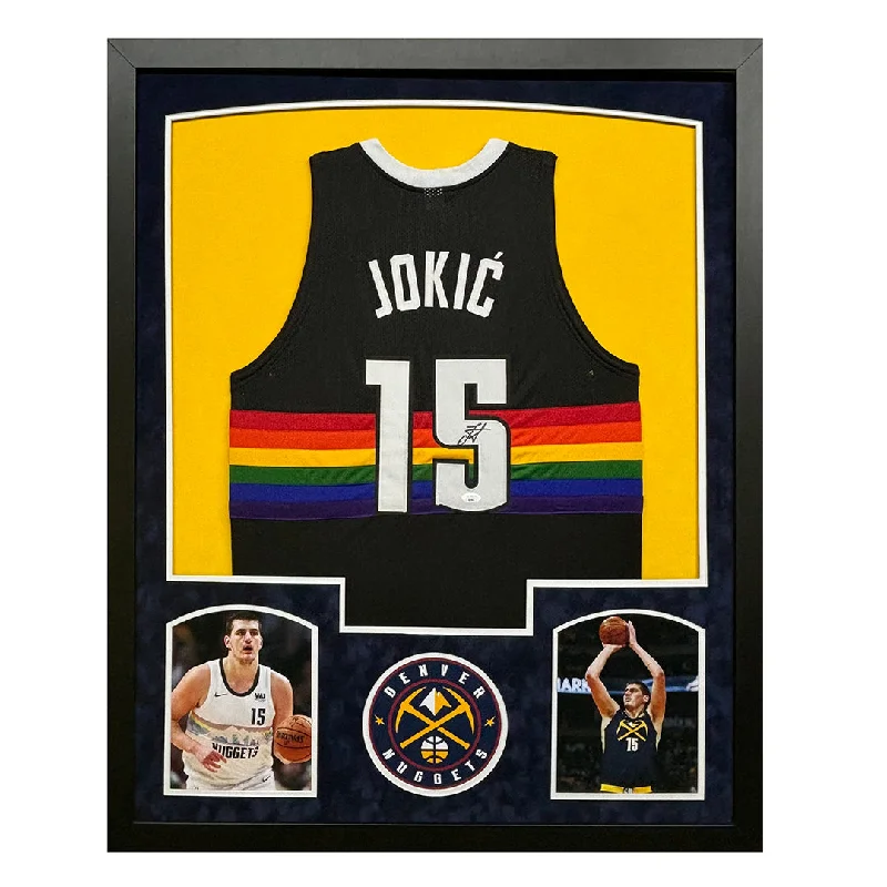 Nikola Jokic Signed Denver Black Throwback Custom Suede Matte Framed Basketball Jersey (JSA)