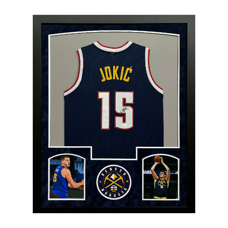 Nikola Jokic Signed Denver Blue Custom Suede Matte Framed Basketball Jersey (JSA)