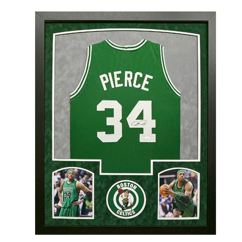 Paul Pierce Signed Boston Green Custom Suede Matte Framed Basketball Jersey (JSA)