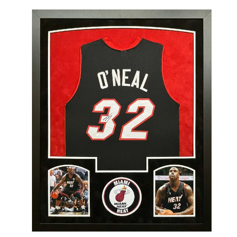 Shaquille O'Neal Signed Miami Black Custom Suede Matte Framed Jersey (Beckett)