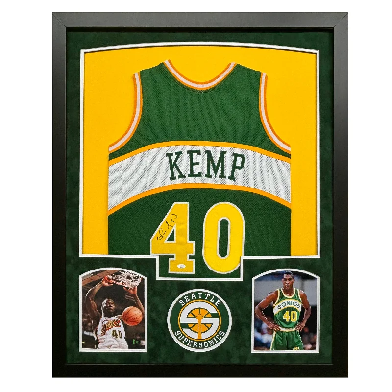 Shawn Kemp Signed Seattle Green Custom Suede Matte Framed Basketball Jersey (JSA)