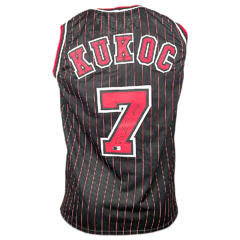 Toni Kukoc Signed HOF 21 Inscription Chicago Pinstripe Basketball Jersey (Beckett)