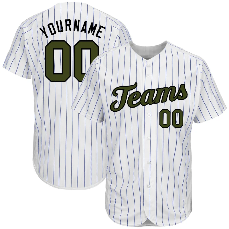 Custom White Royal Pinstripe Olive-Black Authentic Memorial Day Baseball Jersey