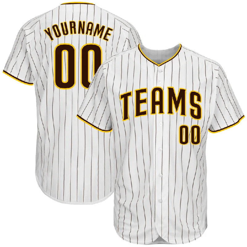 Custom White Brown Pinstripe Brown-Gold Authentic Baseball Jersey