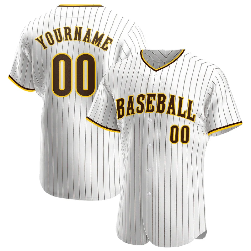 Custom White Brown Pinstripe Brown-Gold Authentic Baseball Jersey