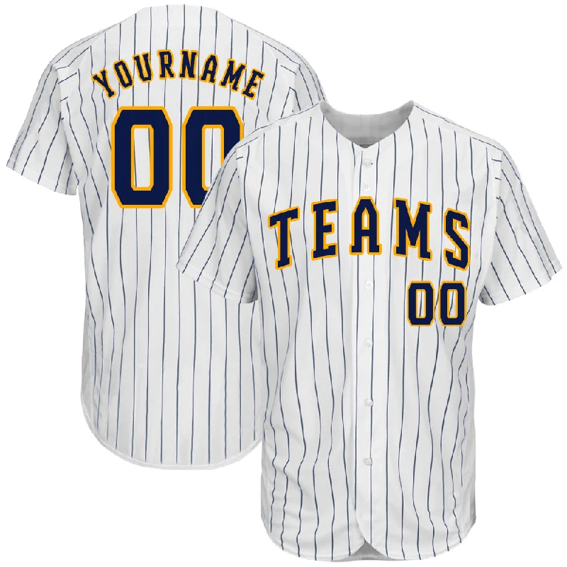 Custom White Navy Pinstripe Navy-Gold Authentic Baseball Jersey