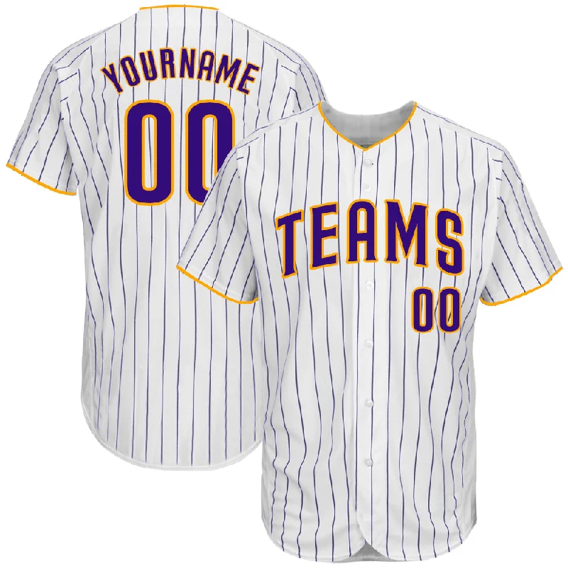 Custom White Purple Pinstripe Purple-Gold Authentic Baseball Jersey