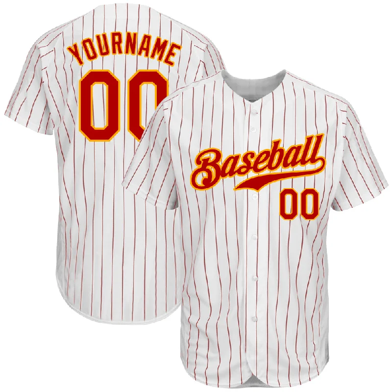 Custom White Red Pinstripe Red-Gold Authentic Baseball Jersey