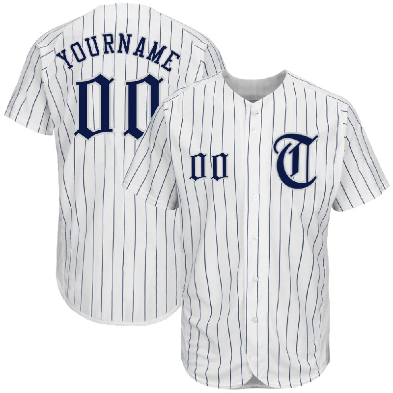 Custom White Navy Pinstripe Navy-Gray Authentic Baseball Jersey