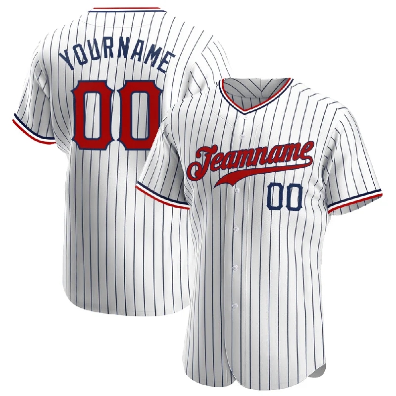 Custom White Navy Pinstripe Red-Navy Authentic Baseball Jersey