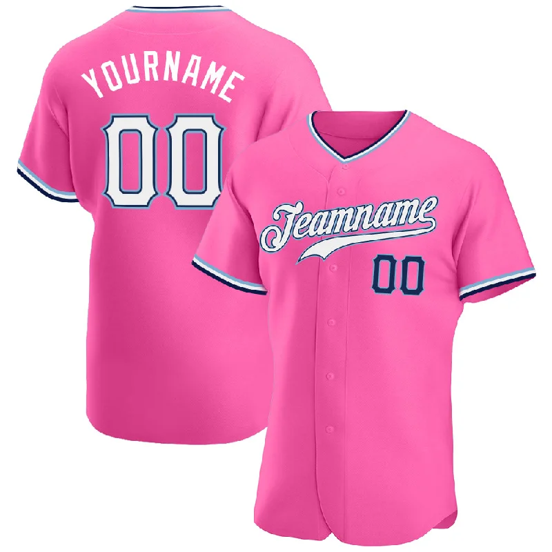 Custom Pink White-Navy Authentic Baseball Jersey