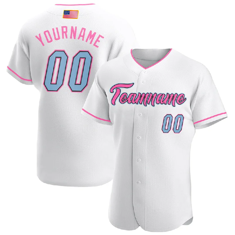 Custom White Light Blue-Pink Authentic American Flag Fashion Baseball Jersey