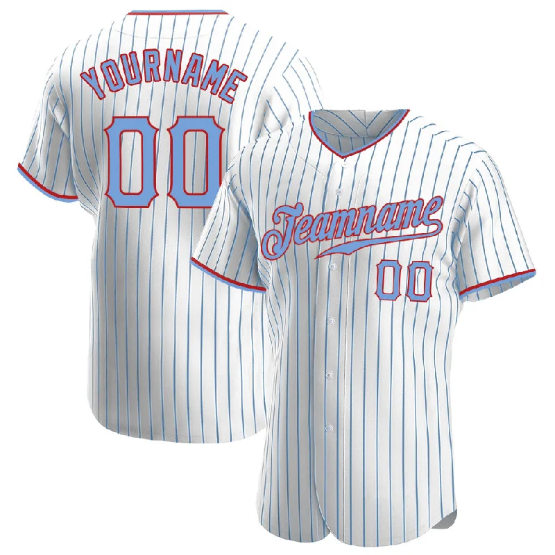 Custom White Light Blue Pinstripe Light Blue-Red Authentic Baseball Jersey