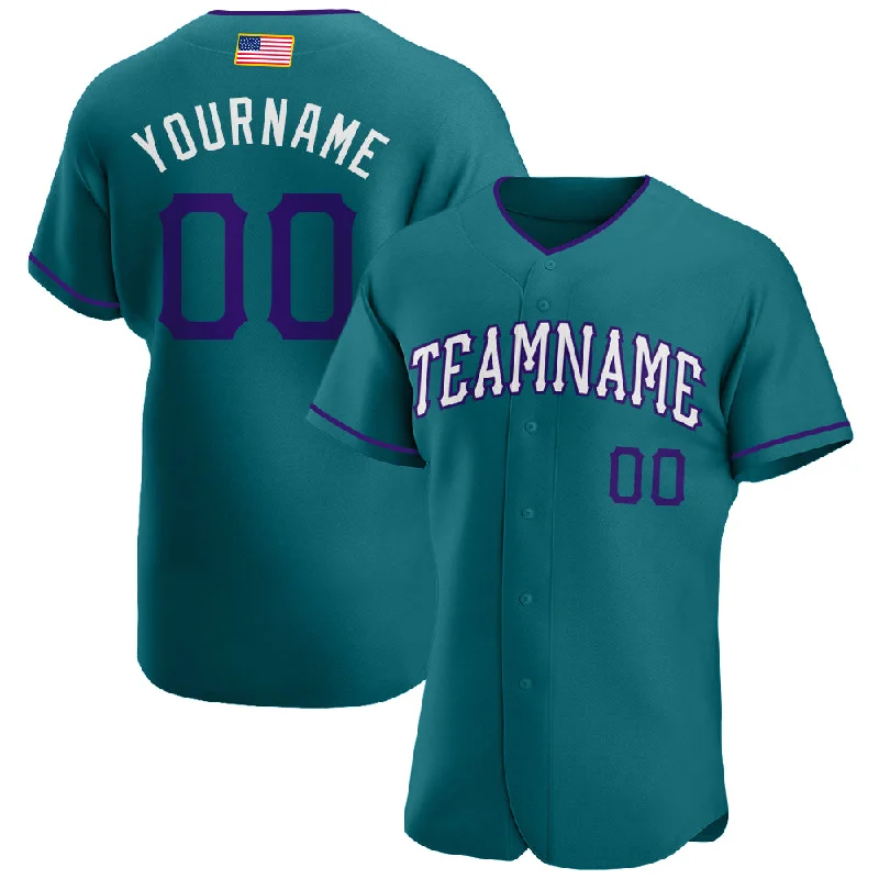 Custom Teal Purple-White Authentic American Flag Fashion Baseball Jersey