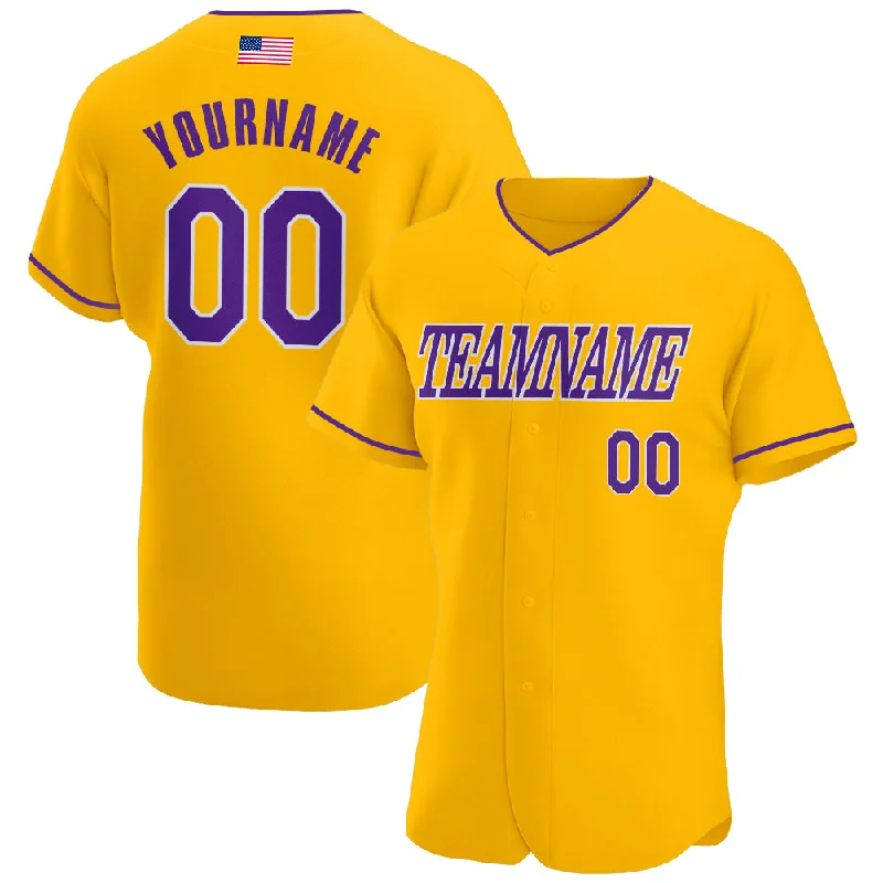 Custom Gold Purple-White Authentic American Flag Fashion Baseball Jersey