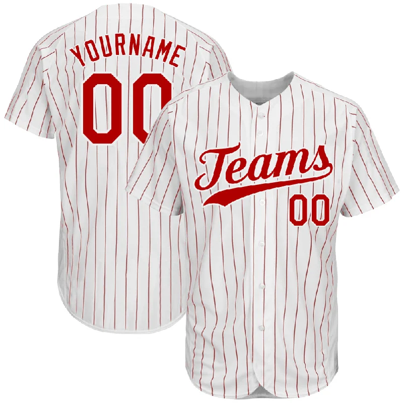 Custom White Red Pinstripe Red-White Authentic Baseball Jersey