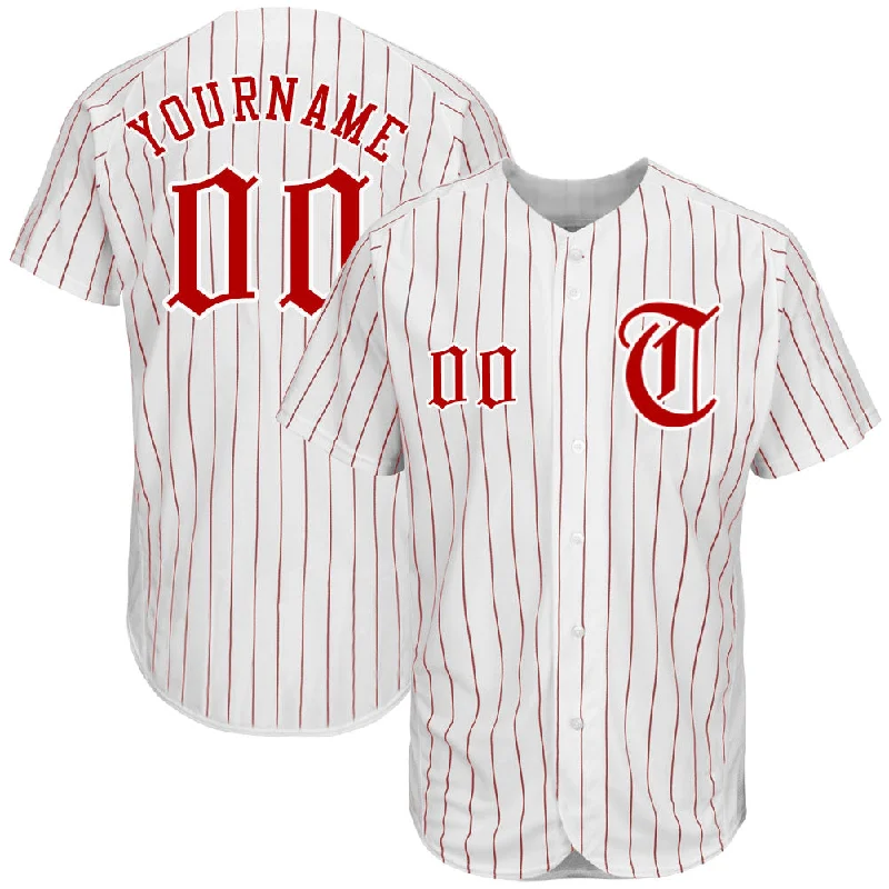 Custom White Red Pinstripe Red-White Authentic Baseball Jersey