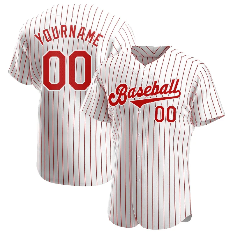 Custom White Red Pinstripe Red-White Authentic Baseball Jersey