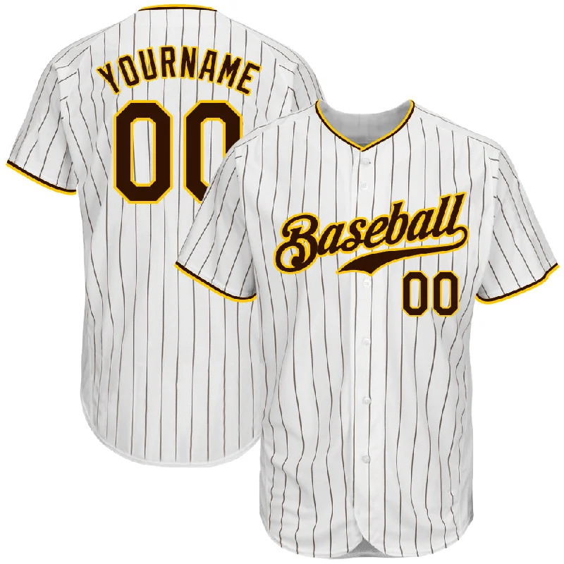 Custom White Brown Pinstripe Brown-Gold Authentic Baseball Jersey