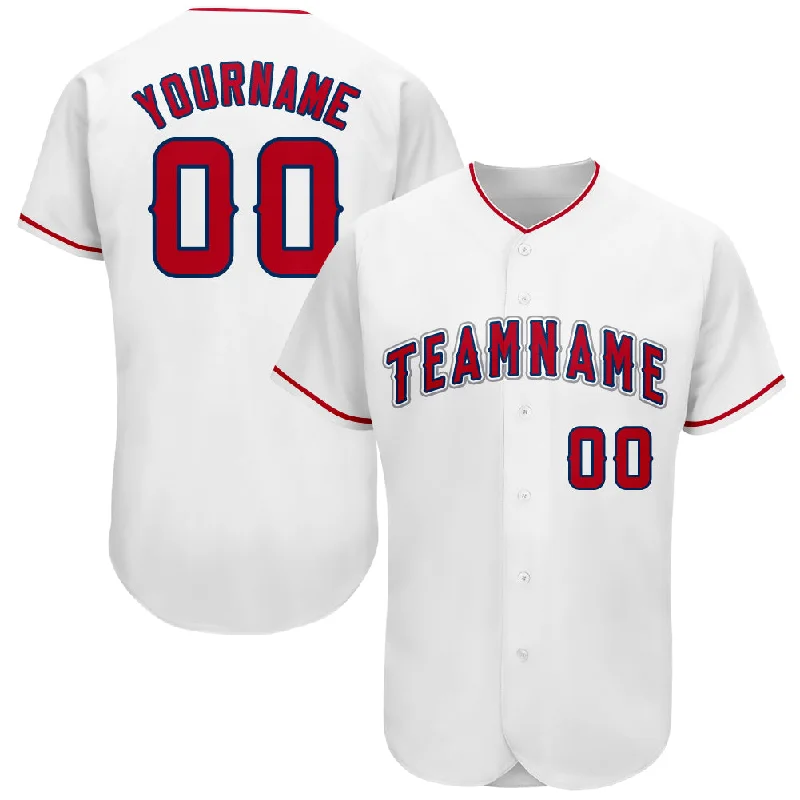 Custom White Red-Navy Baseball Jersey