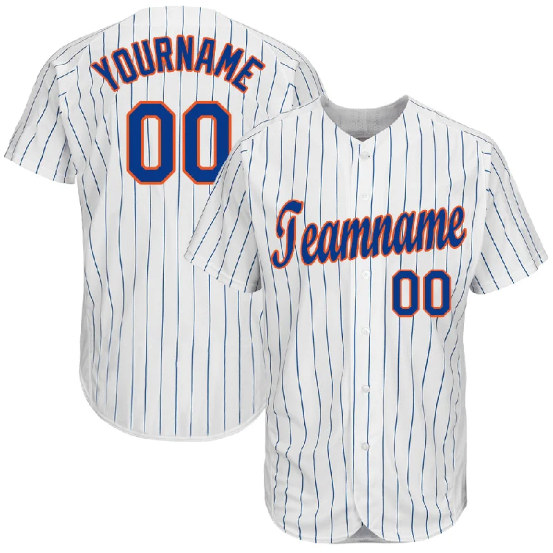 Custom White Royal Pinstripe Royal-Orange Baseball Jersey