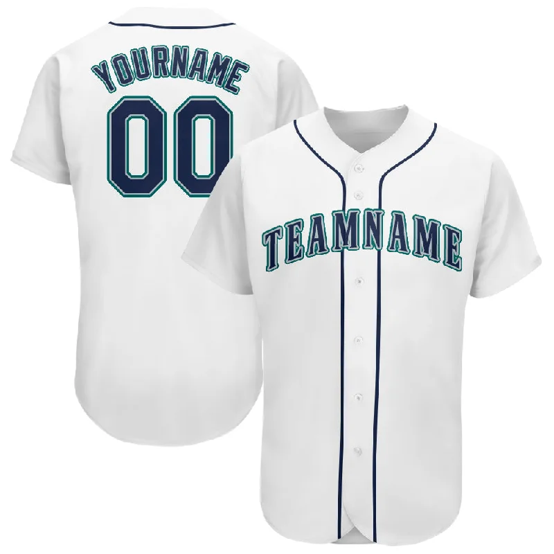 Custom White Navy-Teal Baseball Jersey