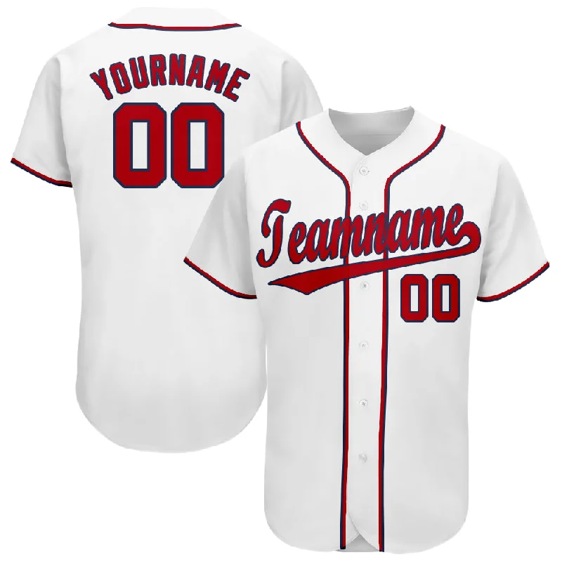 Custom White Red-Navy Baseball Jersey